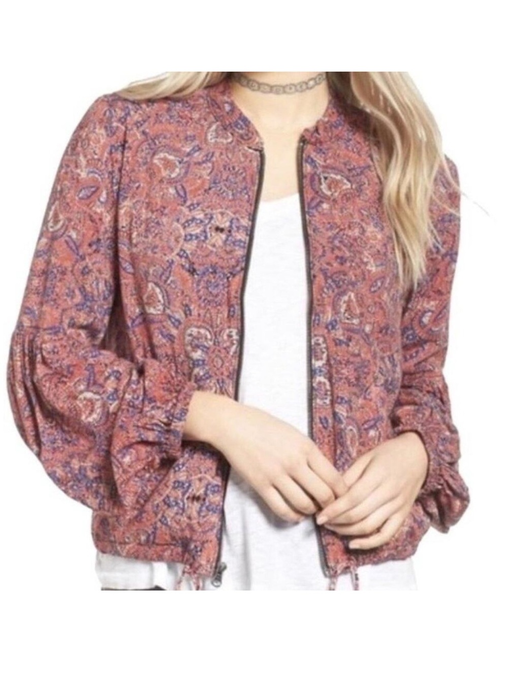 Free People Bomber Jacket Pink Floral Paisley Print Balloon Sleeve Size Medium